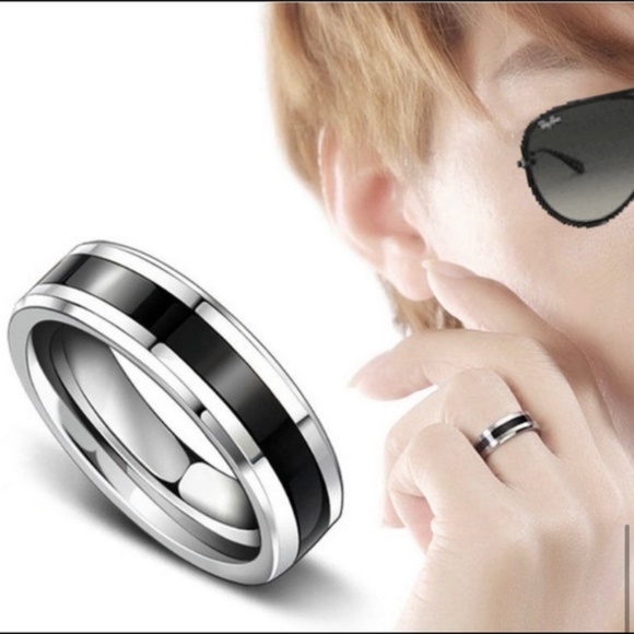 Black White Enamel Coated Ring Wedding Band - Picture 11 of 16